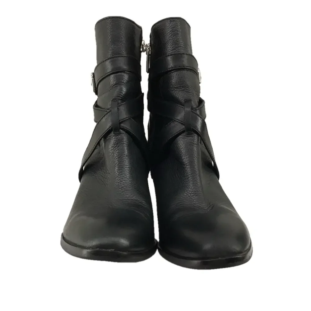 VINCE CAMUTO VC-Gravell Womens Black Ankle Heel Leather Buckle Side-Zip Boots—8M